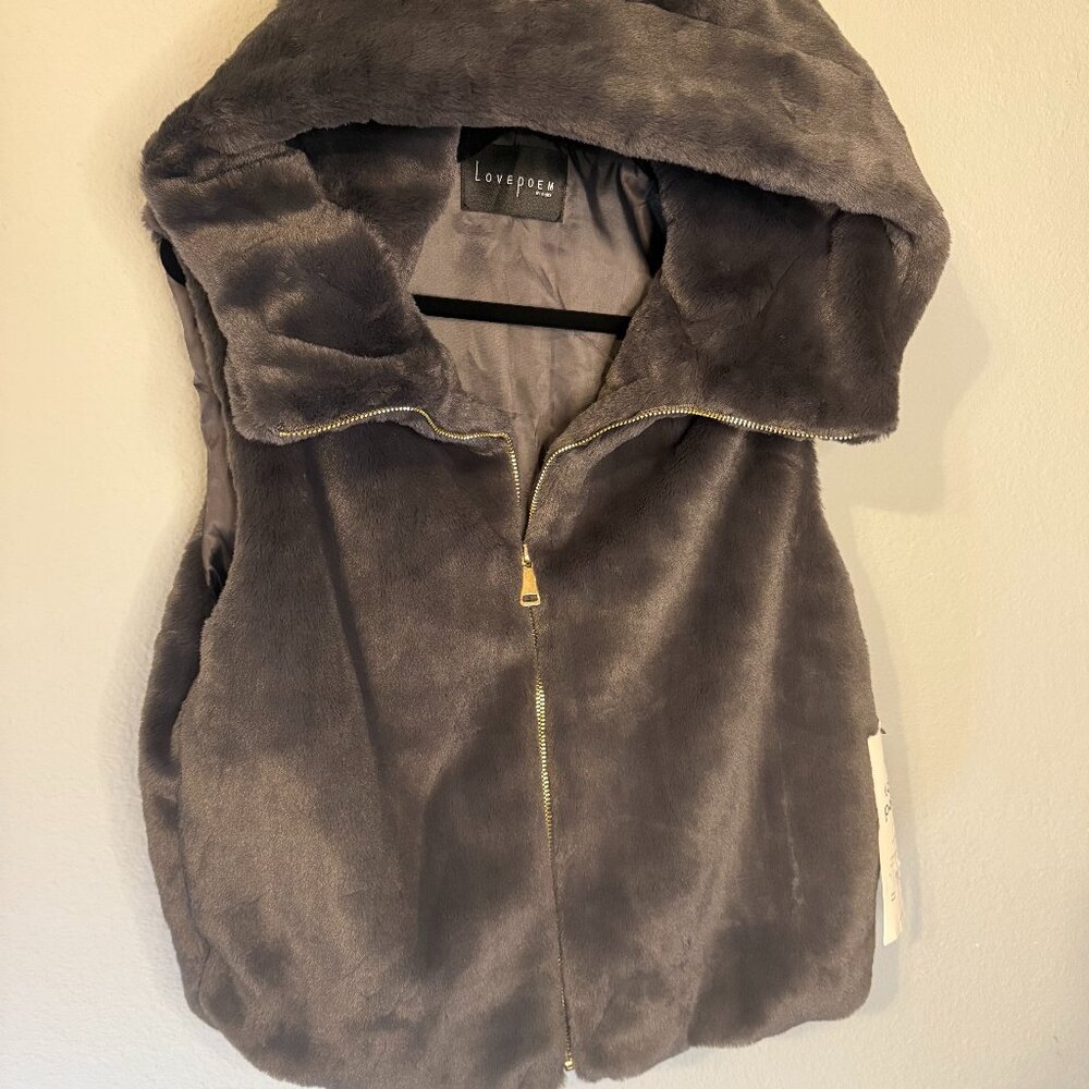 LovePoem Faux Fur Hooded Vest Gray Size Small